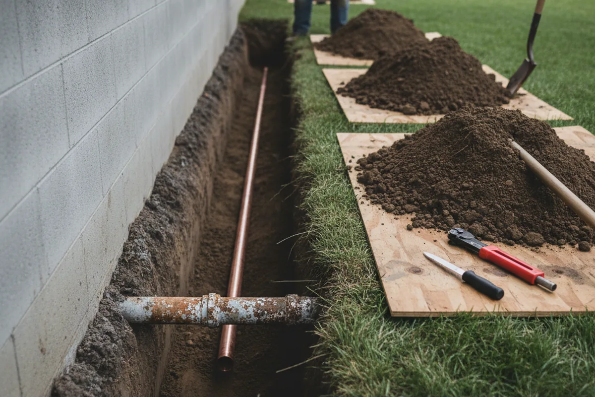 Excavated water line trench during Sewer Line Repair in Leeds